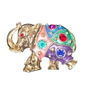 Unmarked VTG Multicolored Enamel & Rhinestone Gold Tone Trunk Up Elephant Brooch